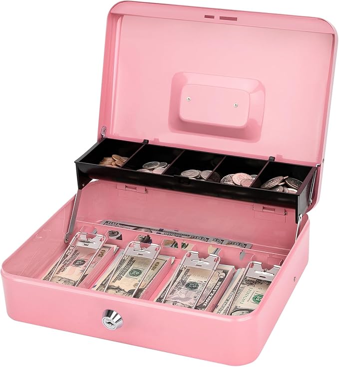 Jssmst Cash Box with Money Tray and Lock - Pink Cash Box with Key Lock Safe Money Box Large, Locking Register Drawer for Money, 11.8'' x 9.5'' x 3.5'', SM-CB005PK