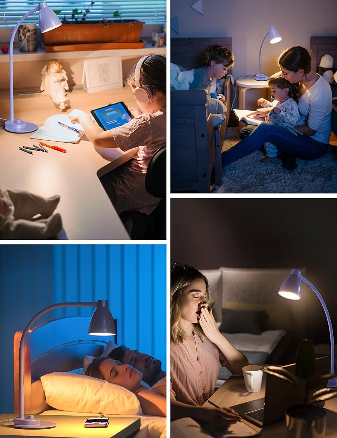 BOHON LED Desk Lamp with USB Charging Port, 3 Color Modes Dim, Lilac Purple | Reading Lamp, Auto Dimming Task Lamp, Flexible Neck Table Light for Office Dorm Bedside, Adapter Include