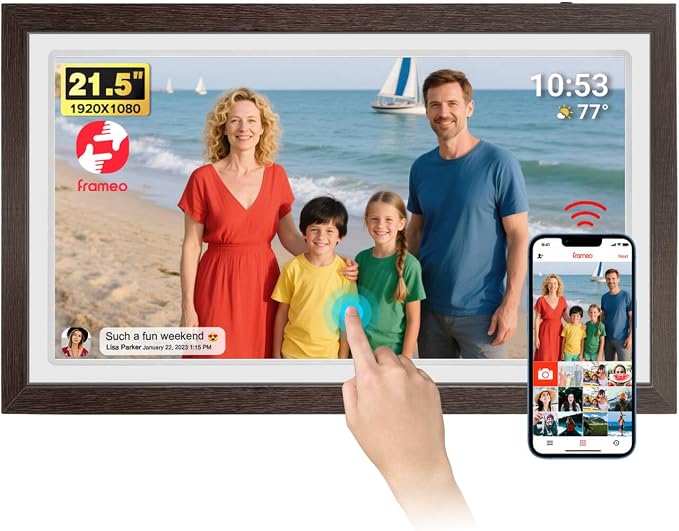 21.5" Large Frameo Digital Photo Frame, 32GB WiFi Digital Picture Frame with 1920x1080 FHD IPS Touch Screen, USB Drive/SD Card, Wall Mountable Auto-Rotate, Easy Share Photos/Videos from Anywhere