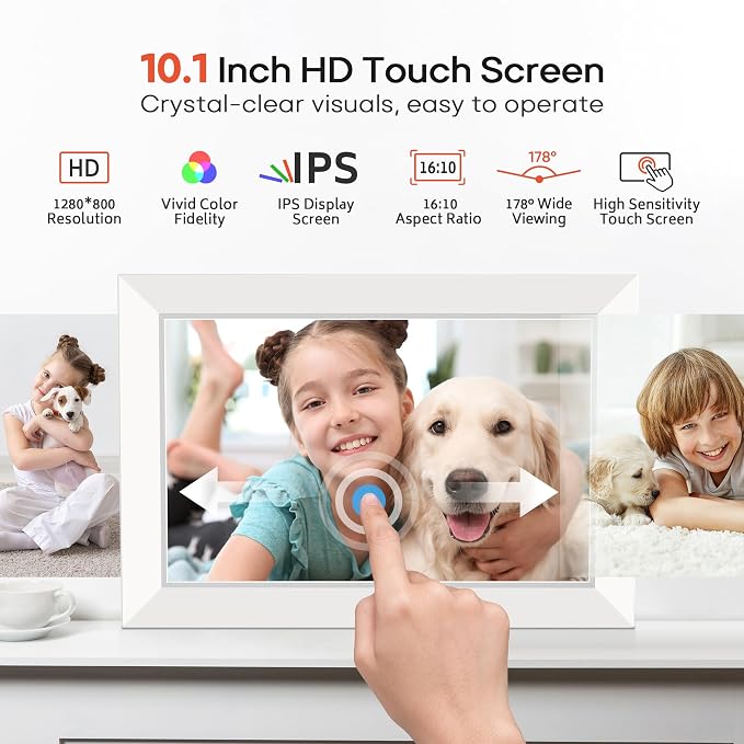 Miroir 10.1 Inch WiFi Digital Photo Frame via Frameo App, 1280x800 HD IPS Touch Screen Electric Picture Frame Display, 32GB Storage, Auto-Rotate, Wall Mountable, Share Photos/Videos Instantly