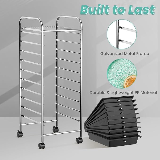 HOMGX 10 Drawer Storage Organizer Cart, 10 Tiers Multicolor Storage Trolley, Storage Drawer Bin Carts, File & Debris Storage Mobile Cart, Rolling Organizer Cart for Office/School/Home (Black)