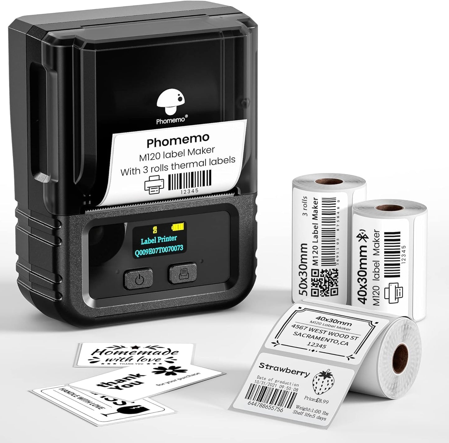 Phomemo M120 Label Maker, 2 Inch Bluetooth Thermal Label Printer with 3 Rolls Thermal Label(4030/4030/5030mm), Label Maker Machine for Small Business, Barcode, Address, Sticker Printer for Phone & PC