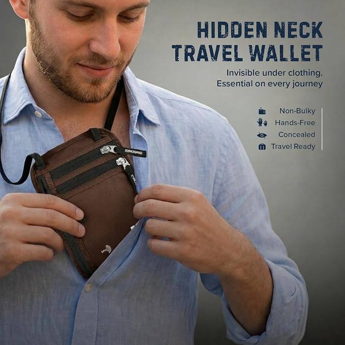 Zero Grid RFID Travel Neck Wallet, Large Passport Holder, Brown | Slim & Concealable Travel Pouch for Men & Women; Holds Phone, Cash, Cards, Keys, Waterproof; 4 compartments; Adjustable Strap