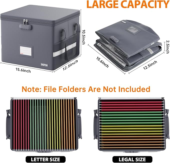 ENGPOW 5200°F File Box Fireproof Document Box with Lock,Heat Insulated Collapsible File Storage Organizer Box with Handle,Portable Home Office File Cabinet for Hanging Letter/Legal Size Folder, Gray