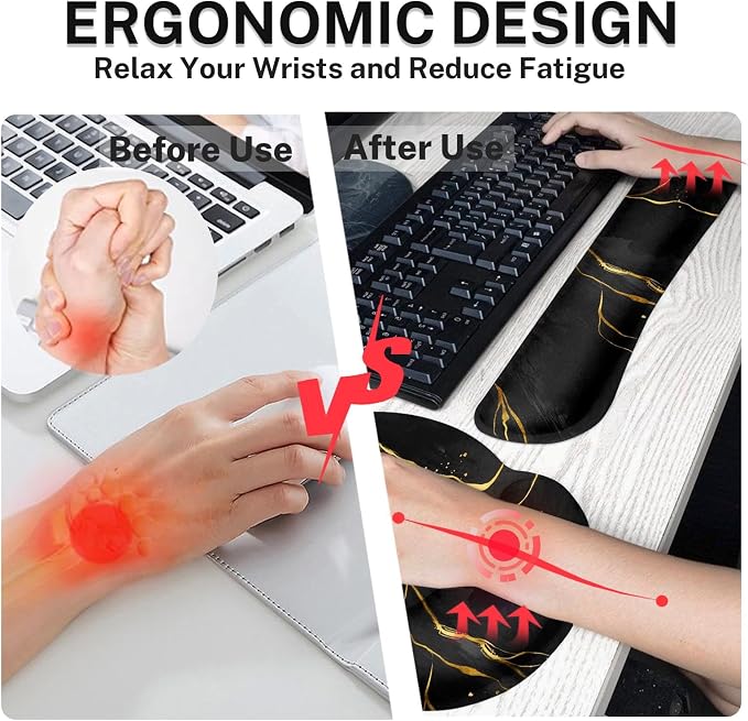 Ergonomic Mouse Pad Set with Wrist Rest, Black Gold Marble | Abstract Modern Non-Slip Rubber Base Wrist Cushion Support and Coasters Mousepad with Wrist Support for Computer Keyboard
