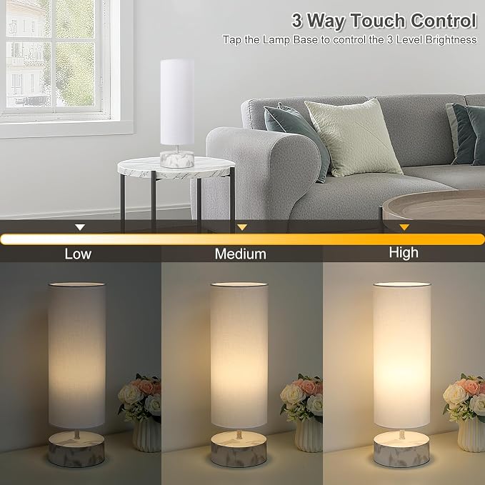 Touch Table Lamp with Marble-Grain Metal Base, 3 Way Dimmable Bedside Lamp | Modern Minimalist Desk Lamp with White Shade, Nightstand Night Light for Bedroom Living Room Home Office, LED Bulb Included