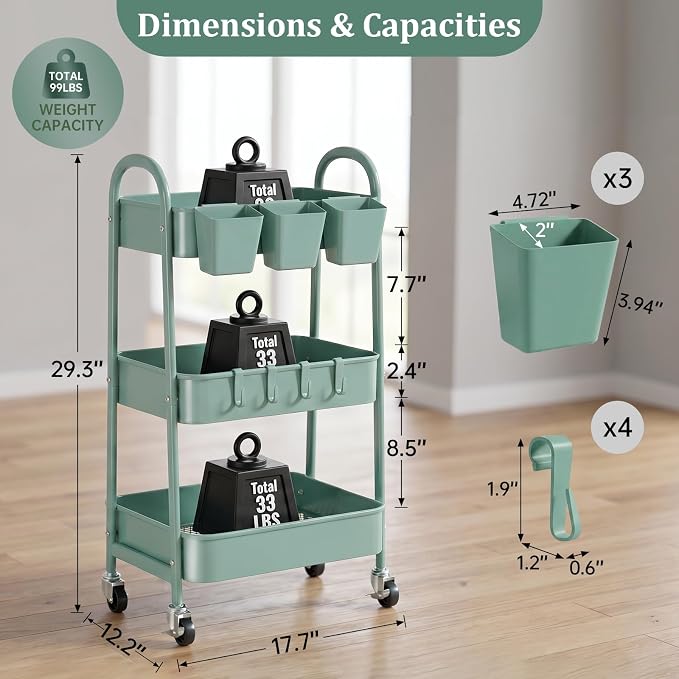 3-Tier Rolling Cart, Utility Cart Mobile Metal Rolling Storage Cart with Lockable Wheels & Hanging Cups & Hooks for Kitchen, Bathroom, Office, Workshop, Green
