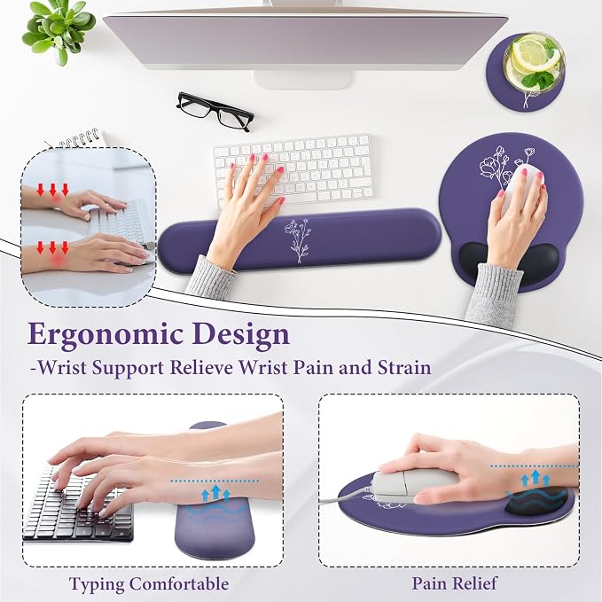 3 in 1 Ergonomic Mouse Pad and Keyboard Wrist Rest with Coaster Set-Purple | Cute Large Mousepad with Gel Wrist Support for Gaming Computer Laptop Women Office Home Desk Decor