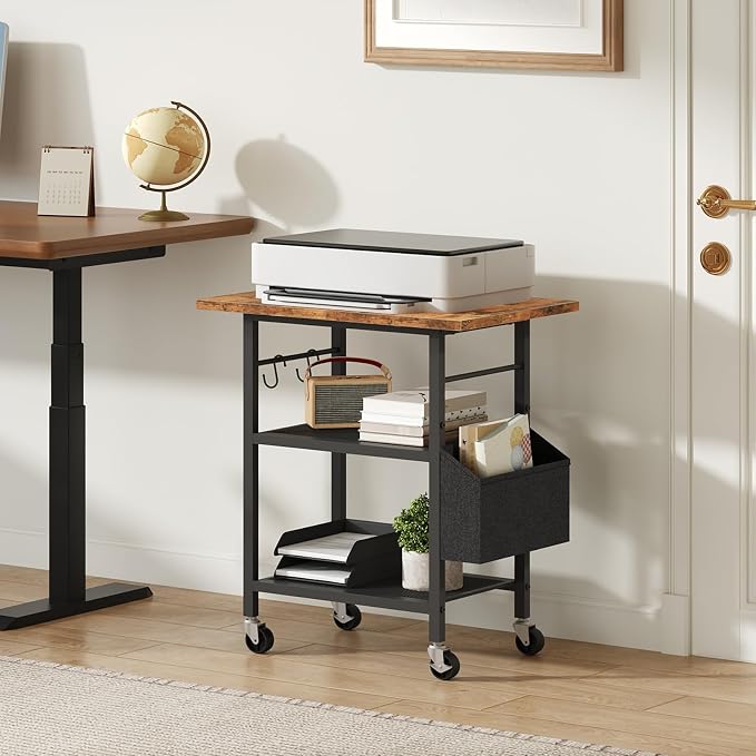MAHANCRIS 3-Tier Printer Stand, Rolling Printer Table on Wheels, Industrial Storage Stand with Side Pocket, Wooden Tabletop, 2 S-Shaped Hooks, for Home Office, Rustic Brown and Black PTHR2501