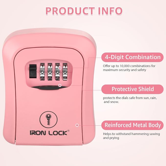 Iron Lock® Medium Wall Mount Combination Key Lock Box, Outdoor (Pink) | Screw-in wall mount (4 screws + 4 anchors) — not magnetic, does not hang; weather-resistant zinc alloy, includes key hanger