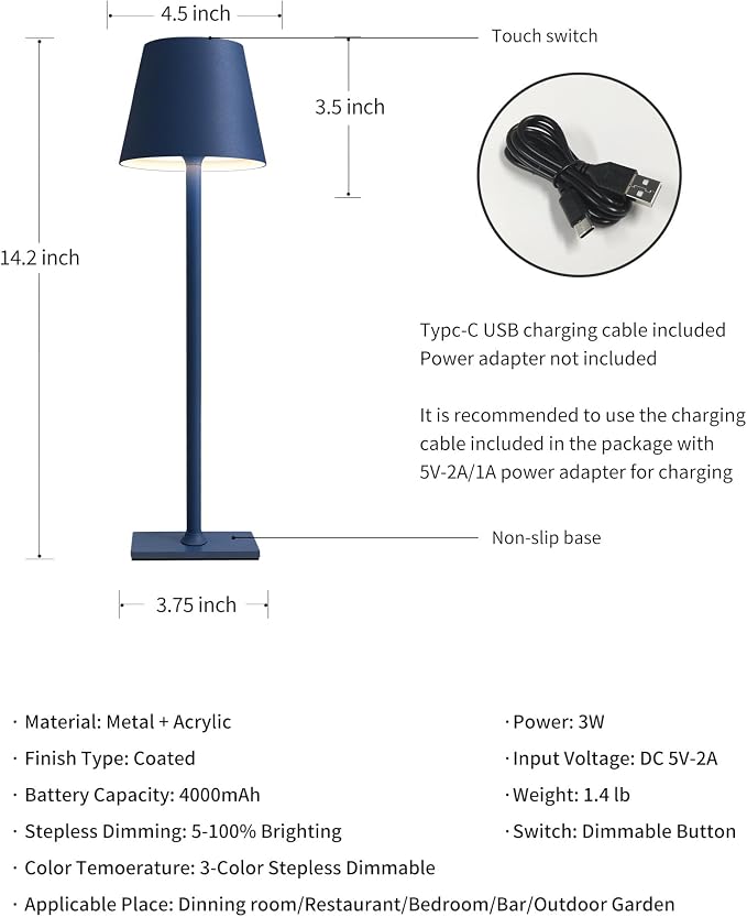 KDG 2 Pack Cordless Blue Table Lamps, Rechargeable Portable LED Desk Lamps | 4000mAh Battery Operated 3 Color Stepless Dimming Up for Restaurant, Bedroom, Outdoor Party, Camping, Coffee Shop, Nightlight