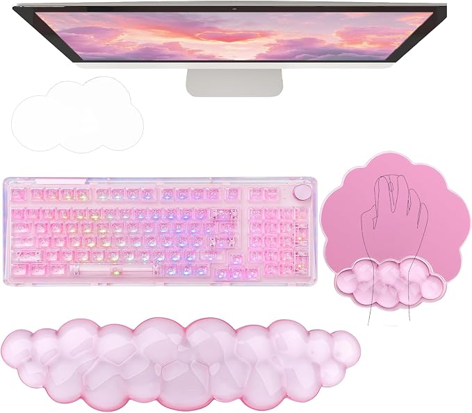 Gel Cloud Wrist Rest Keyboard Clear Pink Mouse Pad with Wrist Rest Set 3PCS Ergonomic Cool Keyboard Wrist Pad Cute Acrylic Coaster Non-Slip Base Cute Transparent Mouse Wrist Pad Support for Computer