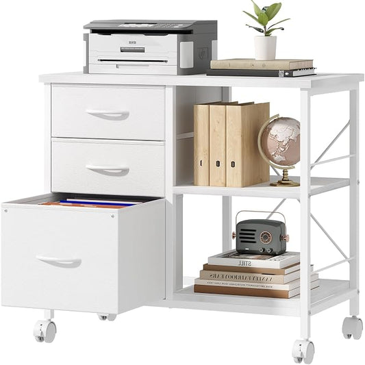 DUMOS 3 Drawer Mobile File Cabinet, Rolling Printer Stand with Storage | Fabric Lateral Filing Cabinet fits A4/Letter Size, Under Desk Drawer Cabinet, Printer Cart for Home Office, White