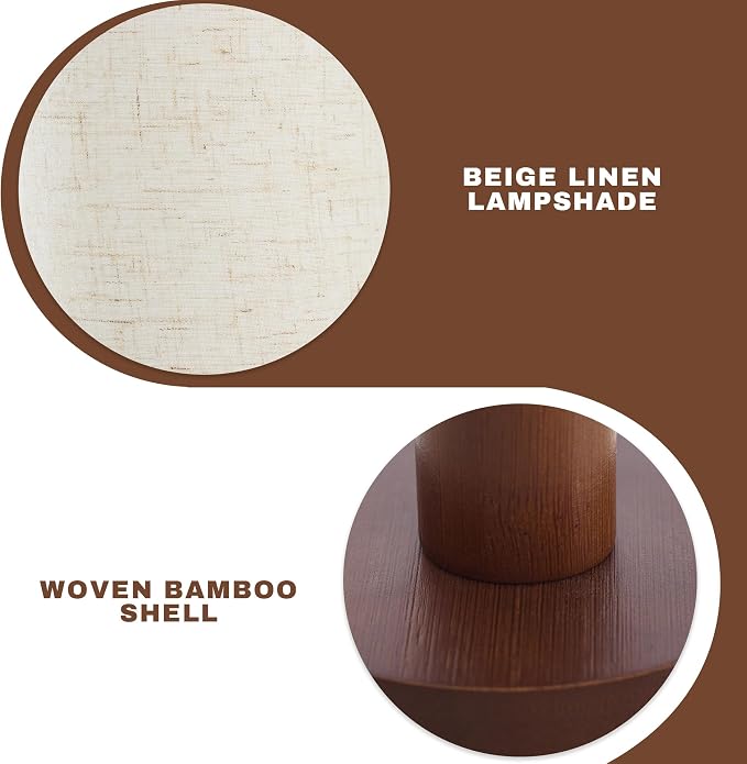 Bedside Lamps Set of 2, Bamboo Small Table Lamp for Nightstand | 10'' Minimalist Nightstand Lamps for Bedroom, Modern Desk Lamp for Living Room, E26, Walunt, Linen Shade