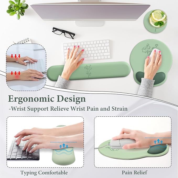 3 in 1 Ergonomic Mouse Pad and Keyboard Wrist Rest with Coaster Set-Green | Cute Large Mousepad with Gel Wrist Support for Gaming Computer Laptop Women Office Home Desk Decor
