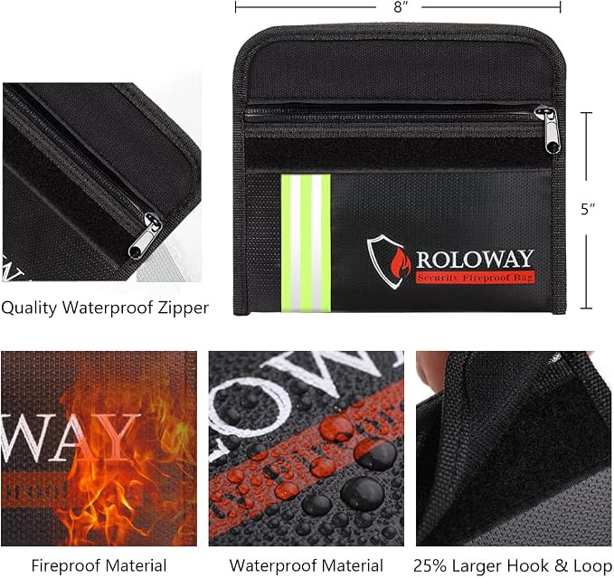 Small Fireproof Bag (5 x 8 inches) with Reflective Strip, Fireproof Money Bag for Cash, Valuables, Passport, Currency & Keys (2-Pack Black)