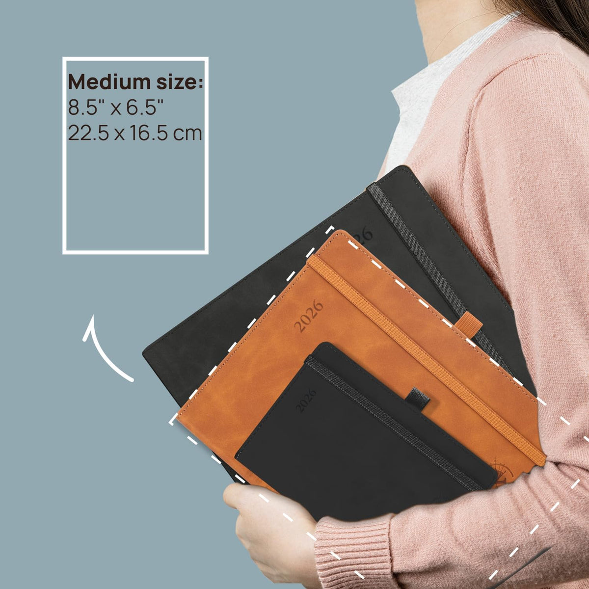 POPRUN Weekly Planner 2026 (Medium 6.5" x 8.5") Calendar 12 Months Notebook with Horizontal Layout, Leather Soft Cover, Monthly Tabs, Inner Pocket, 100GSM Thick Paper, Pen Holder - Brown