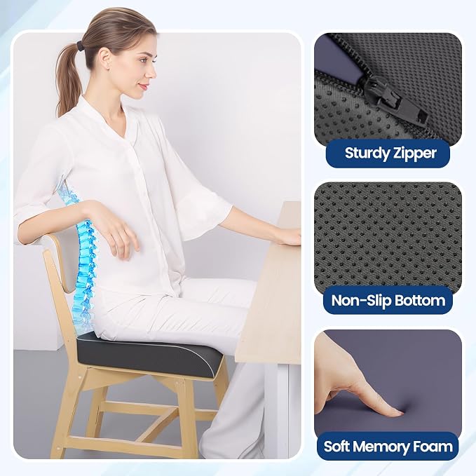 SweetSlubr Seat Cushion for Tailbone Pain Relief, Office Chair Cushion, Memory Foam Large Chair Pad with Non-Slip Cover for Soft Support at Office Chair, Car Seat, Airplane Grey/Large