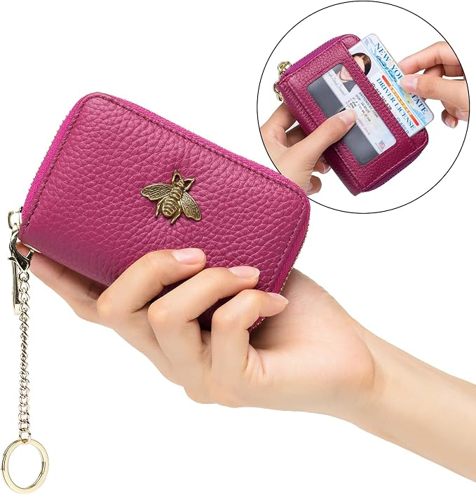 imeetu RFID Credit Card Holder, Small Card Wallet Women, Leather Card Case | Genuine Leather Women's Card & id Cases, Change Coin Purse with Zipper Keychain id Window, 20 Colors & 3 Styles, Daily, Gifts