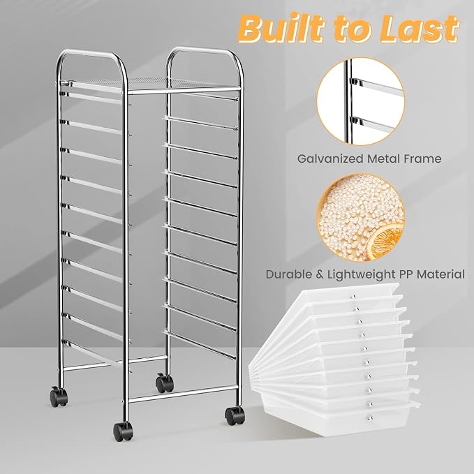COSTWAY 10-Drawer Rolling Storage Cart, Utility Mobile Trolley | Removable Drawers & Universal Casters & 2 Brakes, Versatile Flexible Drawer Organizer Cart for Home, Office (Clear)