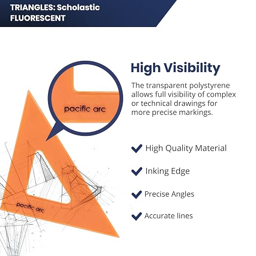 Pacific Arc's Scholastic Triangle - 8 inch - Fluorescent - 45/90 Angle - Polystyrene - Inking Edge - Technical Drawing Tools, Drafting, Architect and Engineering.
