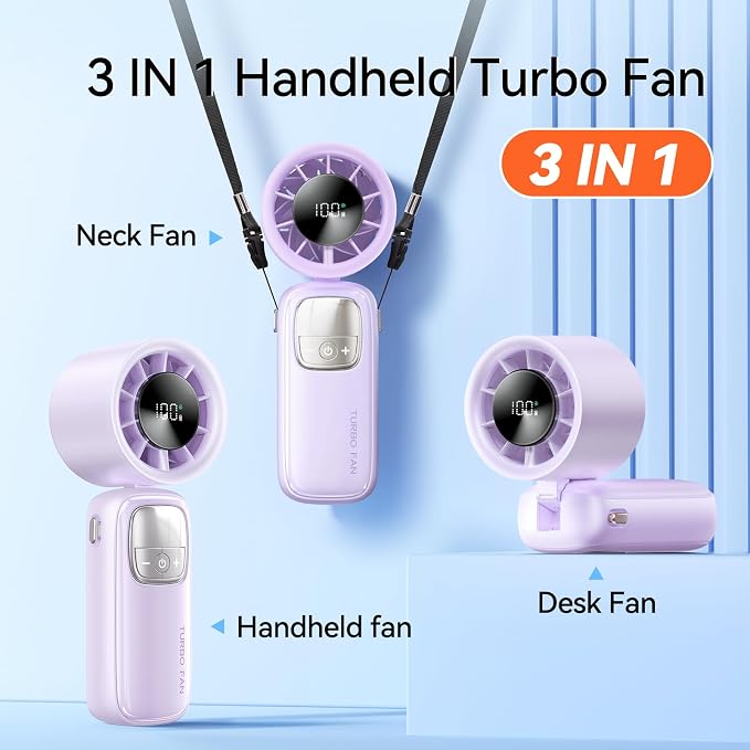 KIMMOO 3-in-1 Portable Handheld Turbo Fan-100 Speeds, 11000 RPM, 10Hrs Cooling, LED Display, 90° Rotation, Small Travel Fan, Mini Foldable Hand Held Personal Fan for Women Men (Purple)