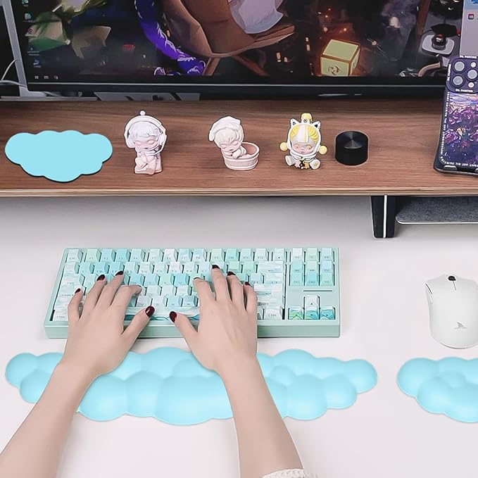 JIKIOU Upgrade Leather Cloud Wrist Rest for Keyboard and Mouse & Cup Pad | Wish Gift-Cute Cloud Shape, Comfortable and don’t Irritate to Skin, Non-Slip PU Base,Soft Memory Foam filled for Pain Relief