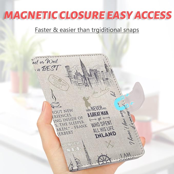 Passport Holder, Cute Travel Wallet Cover with RFID Blocking,Travel | PU leather travel wallet with magnetic closure, card slots, pen loop, and easy access for passports and essentials.