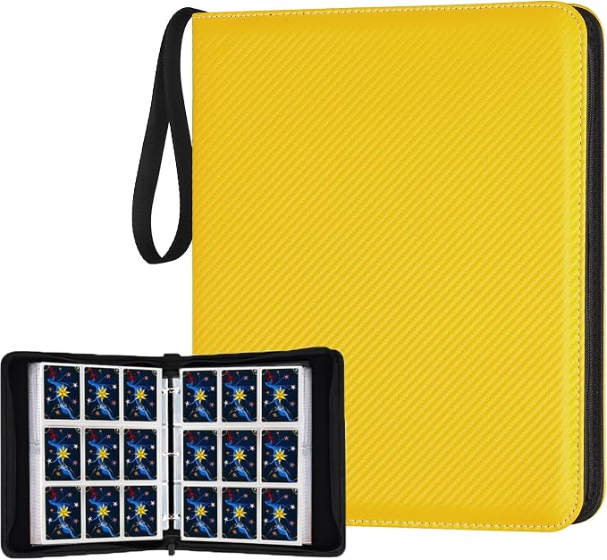 900 Pockets Round Ring Trading Card Binder, 9-Pocket Clear Zipper Card Album with Wrist Strap, Holds 900 Standard TCG & Sports Cards, Not Fit Top Loaders (Carbon Yellow)