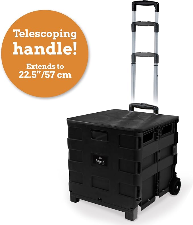 Collapsible Ultra-Slim Pack-N-Roll,2 Wheel Utility Cart w/Lid used as Seat up to 250 Lbs, Telescopic Handle - Super Strong, for Home, Garden, Shopping, Office, School use, Large, Black