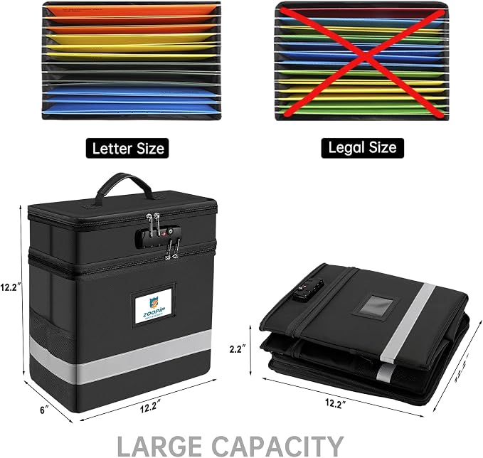 Fireproof File Box with Lock, 2 Layer Document Box Storage Organizer, Suitable for Hanging File Folders in Letter Size, Collapsible File Box, Reflective Strip for Fast Find (12.2*6*12.2, Black) | Suitable for Hanging Folders in Letter Size, Reflective ...