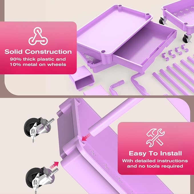 Goovilla Rolling Makeup Organizer Cart with Removable Drawer, 4 Tier Purple | Stable Floor Skincare Storage Cart for Vanity, Cosmetic Display, Nail Polish, Perfume, Hair Stuff, Beauty, Bathroom(Plastic)