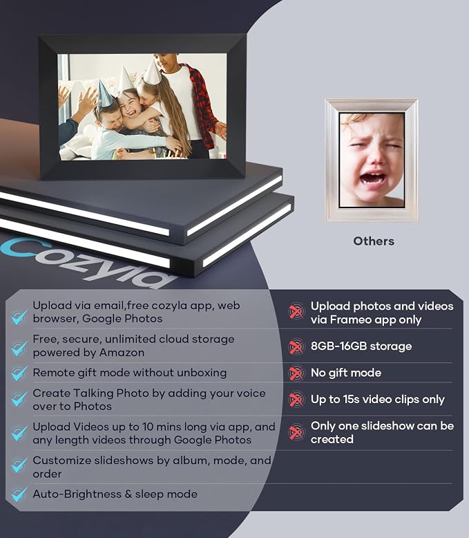 Cozyla Digital Picture Frame, 10.1'' HD Touchscreen Display with No Subscription, Free Unlimited Storage, Share Photo＆Video via Apps, Auto-Rotate WiFi Electronic Photo Frame for Gifting Black