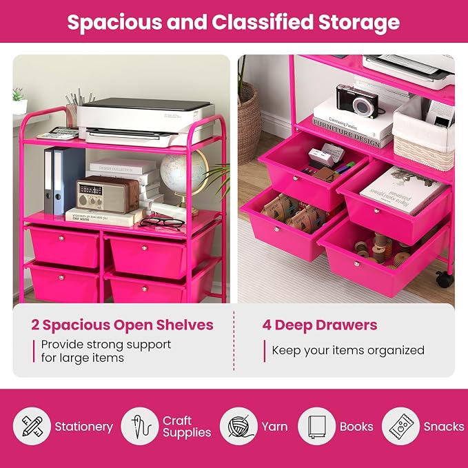 Giantex Rolling Storage Cart w/ 4 Drawers 2 Shelves Metal Rack Shelf Home Office School Beauty Salon Utility Organizer Cart with Wheels, Hot Pink