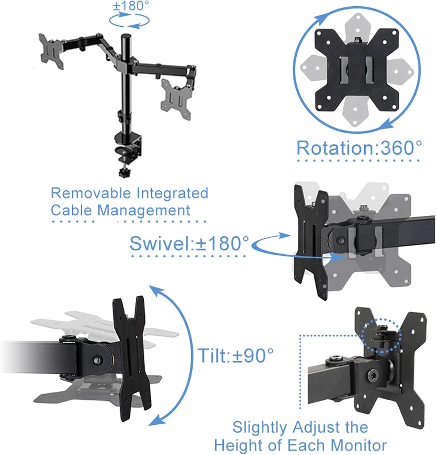 Rocelco 46" Large Height Adjustable Standing Desk Converter with Double Monitor Mount Arm BUNDLE - Quick Sit Stand Up Computer Workstation Riser - Retractable Keyboard Tray - Black (R DADRB-46-DM2)