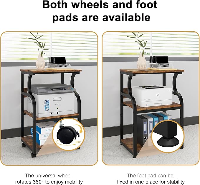 Natwind 3 Tier Printer Stand,Rolling Printer Table with Adjustable Storage Shelf for Home Office Organization,Multifunctional Shelves for Heat Press,3D Printer (Retro)