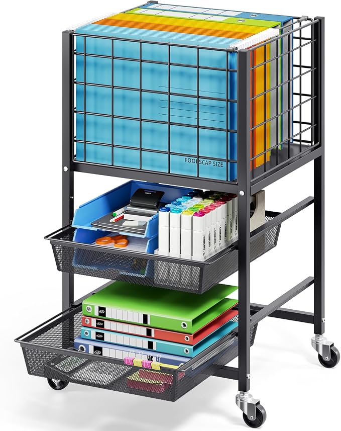 TOOLF Rolling File Cart, 3-Tier Metal File Cabinet with Wheel, Filing Cabinet with 2 Sliding File Trays, Adjustable Hanging File Folder Organizer for Office, Home, Classroom Black