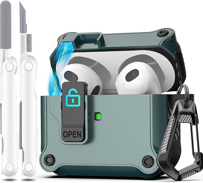 for AirPods 3 Case Cover with Lock Magnetic Lid, Pine Green | Compatible with Apple AirPods 3rd Generation (2019) Case with Cleaner Kit & Carabiner, Powerful Drop Protection