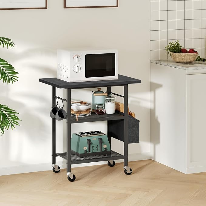 MAHANCRIS 3-Tier Printer Stand, Rolling Printer Table on Wheels, Industrial Storage Stand with Side Pocket, Wooden Tabletop, 2 S-Shaped Hooks, for Home Office, Black PTBK2501