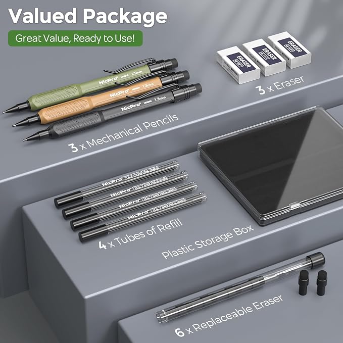 Nicpro 1.3 mm Mechanical Pencils Set 3 Colors, HD1000 1.3 Lead Pencil, 3Pcs | 51 Refill, 3 Eraser -Weatherproof Barrel Pencil, Heavy Duty Carpenter Pencil for Outdoor Marking Drafting Drawing Woodworking
