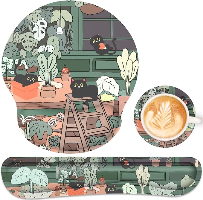 Ergonomic Mouse Pad with Wrist Rest and Keyboard Wrist Rest, Mousepad | Memory Foam Wrist Rest for Computer Keyboard, Pain Relief, Non-Slip Rubber Base, Mouse Pad with Wrist Support for Gaming, Cat