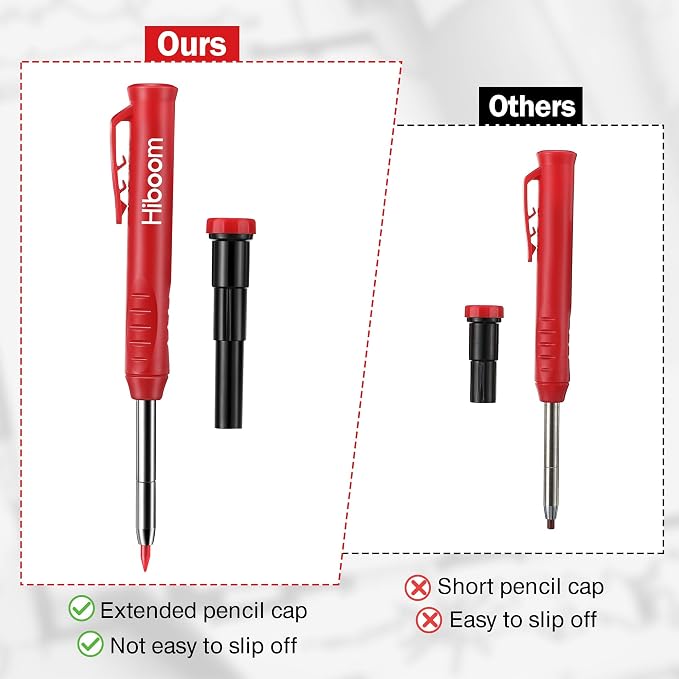 Hiboom Mechanical Carpenter Pencil with 7 Leads, Deep Hole Marker, Red | Built-In Sharpener, Long Nose Construction Pencil, Pocket Clip Design, Woodworking Tools, Marks on Various Surfaces
