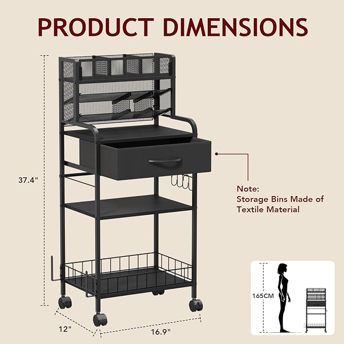 Art cart, 3 Tier Rolling Cart - Utility Cart with Storage Drawer and Wheels, Versatile Art & Craft Organizer for Home, Office, or Studio Ideal for Storing Brushes, Paints (Black)