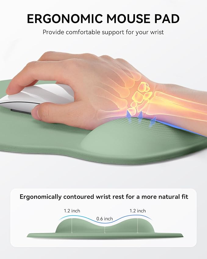 Mouse Pad with Wrist Rest for Desktop Large Ergonomic Mouse Mat(Sage Green) | 10.6''L x 9''W Size, Gel Wrist Support, Non-slip Base, Washable Surface, Laptop Mousepad