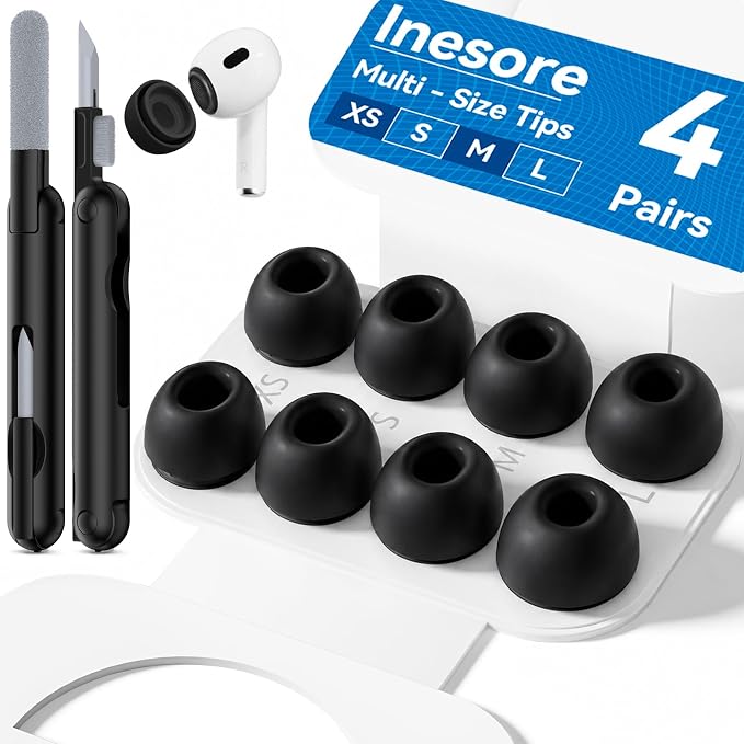 Inesore 4 Pairs Replacement Ear Tips for AirPods Pro 2nd/1st (Black) | with Noise Reduction Hole & Built-in dust Guard Screen,Silicone,with Portable Storage Box & Cleaner Pen,4 Size (XS/S/M/L)