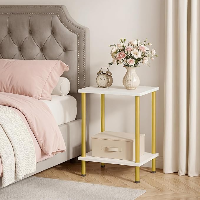 HOOBRO End Tables Set of 2, Small Side Table, Nightstand with 2-Layer Storage Shelves, Sofa Table for Small Spaces, Living Room, Bedroom, Stable Frame, Easy Assembly, White and Gold DW09BZP201