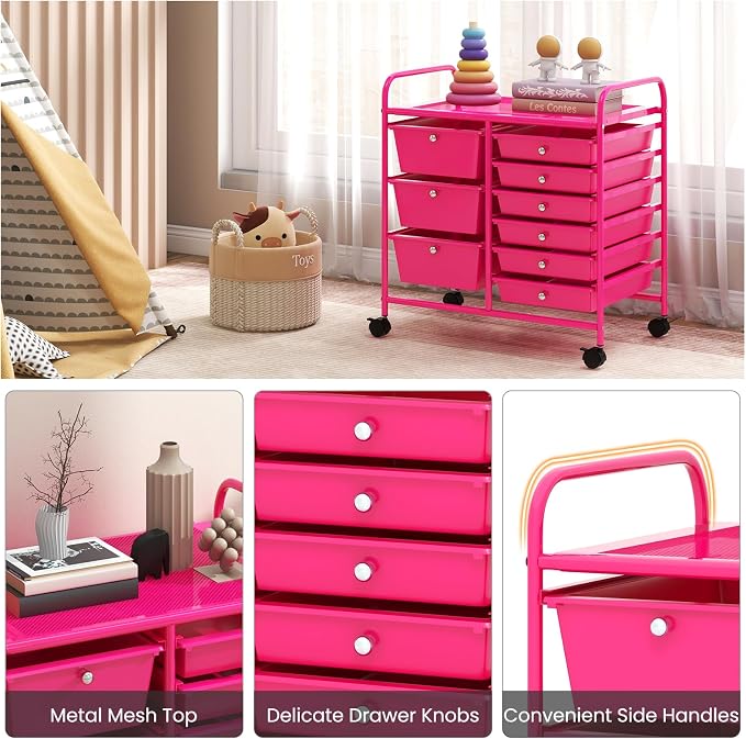 RELAX4LIFE 9 Drawer Rolling Storage Cart - Mobile Drawer Carts for Craft Art Supply Paper Salon, Utility Cart on Wheels for Classroom Teacher School Office, Rolling Cart with Drawers (Hot Pink)