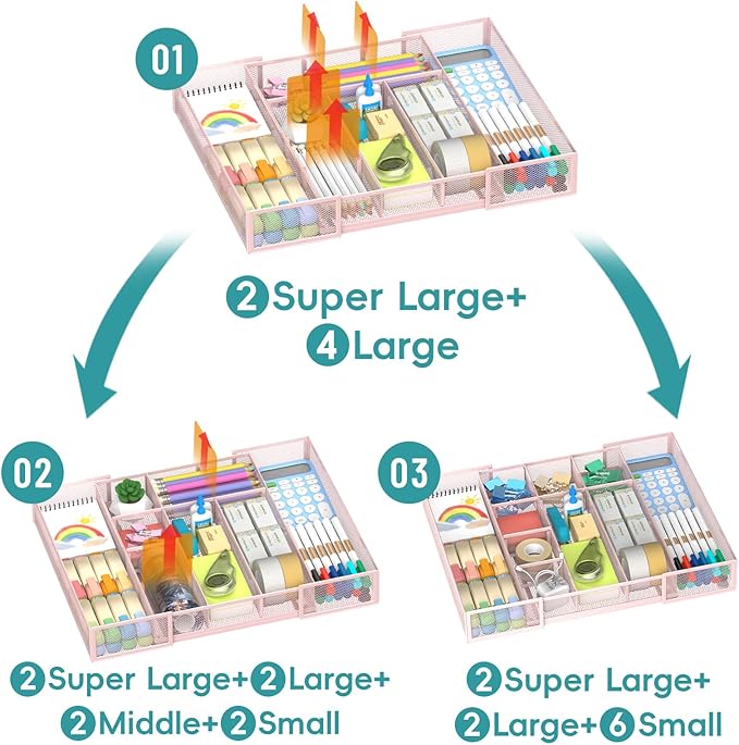 Expandable Desk Drawer Organizer Tray with 10 Adjustable Compartments, Metal Mesh Office Drawer Organizer, Versatile Desk Organizer for Home, School Supplies, Makeup Vanity & Jewelry (Pink)