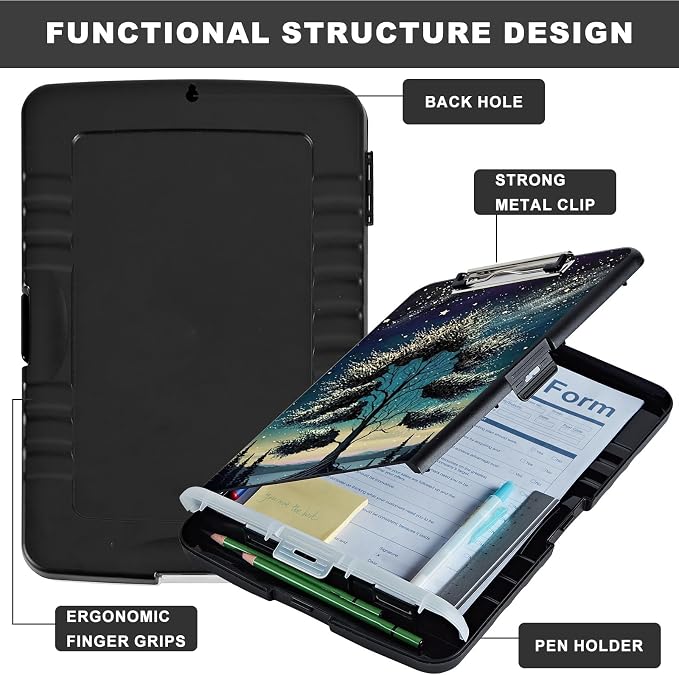 Clipboard with Storage,Heavy Duty Plastic Storage Clipboard with Low Profile Clip,Teacher Must Haves,Office Supplies,Sky Forest Tree