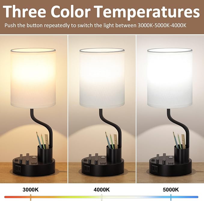 Bedside Lamps for Bedroom Set of 2 - Table Desk Lamp for Nightstand | 15" Table Lamp for Living Room with Pen Holder & Phone Stand, USB A+C Port, AC Outlet, 3 Color Temperature, LED Bulb Included